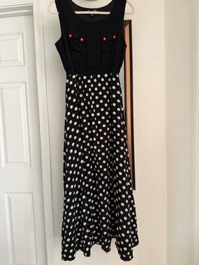 Black & White Polka Dot Maxi Dress with Red Button Detail